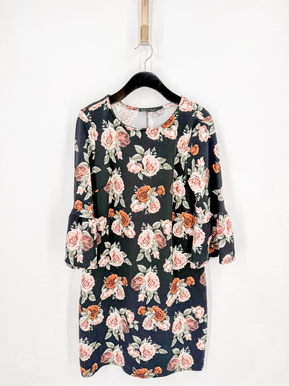 Floral Bell-Sleeve Shift Dress - Black with Pink Rose Print